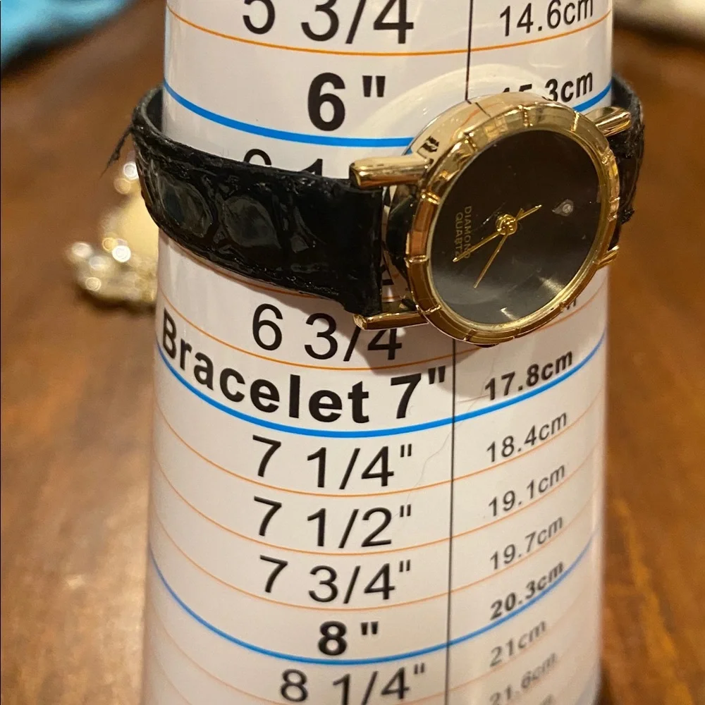 Vintage Japan movement diamond quartz Black Leather Strap Gold Watch
